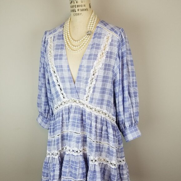 Adorable Free People Light Blue & White Plaid w/Lace Time Out Tunic * Size Med - Picture 3 of 11
